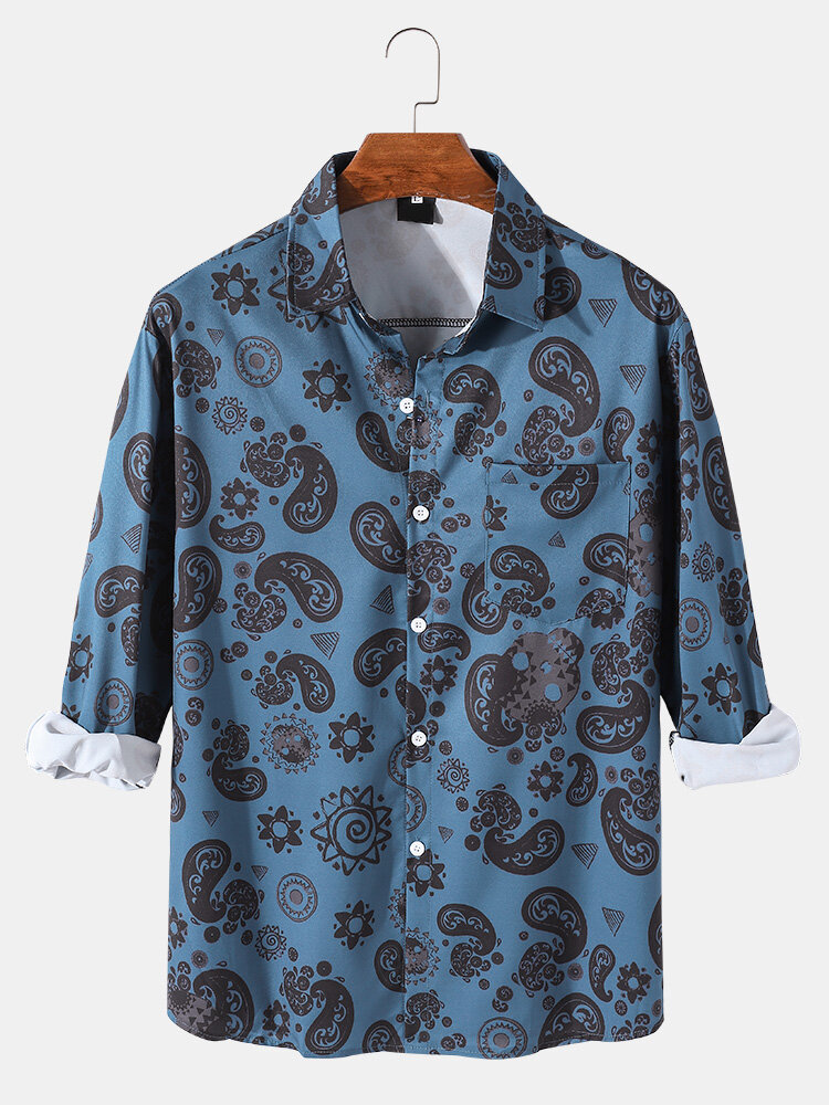 Mens All Over Paisley Print Light Casual Chest Pocket Long Sleeve Shirts