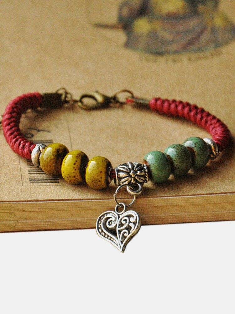 Bohemian Ceramic Beads Hand-woven Bracelet Metal Hollow Peach Heart Pendant Bracelet