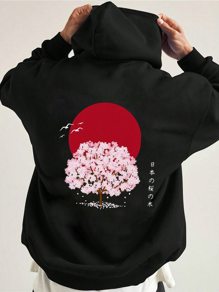 Mens Japanese Cherry Blossoms Print Loose Long Sleeve Hoodies