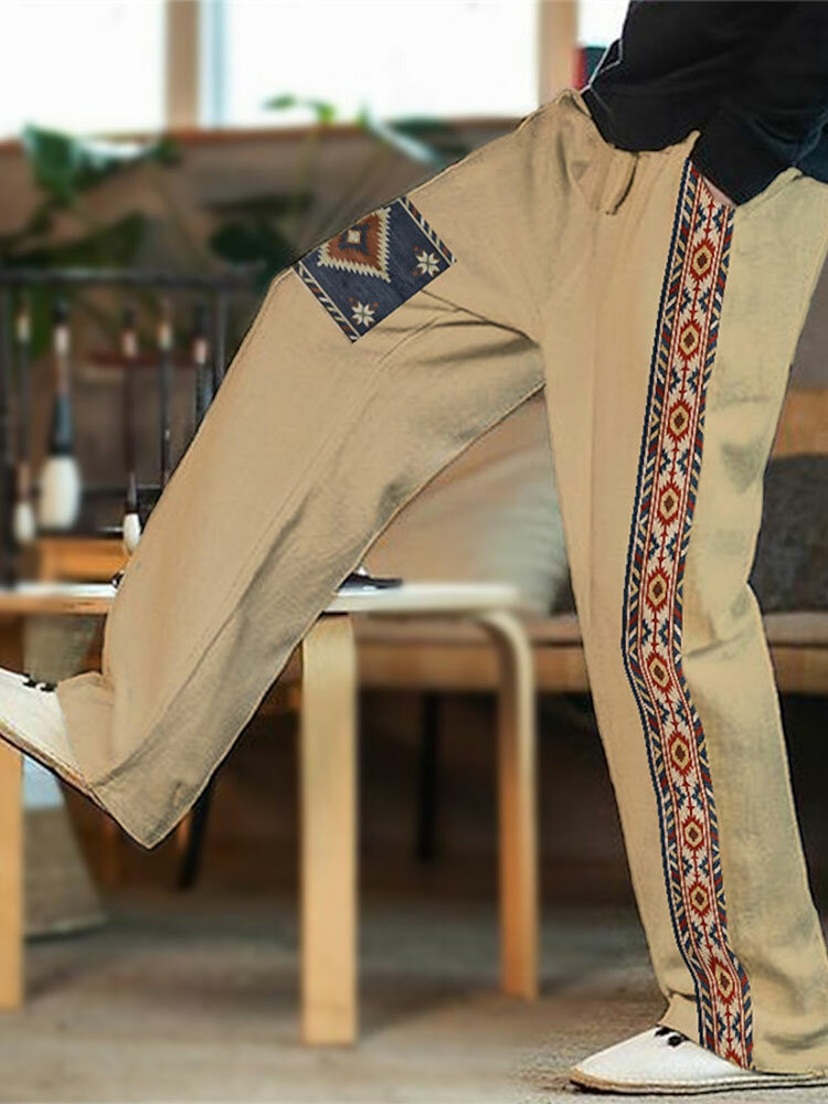 Pantalon droit à cordon de serrage en coton à imprimé géométrique ethnique pour hommes