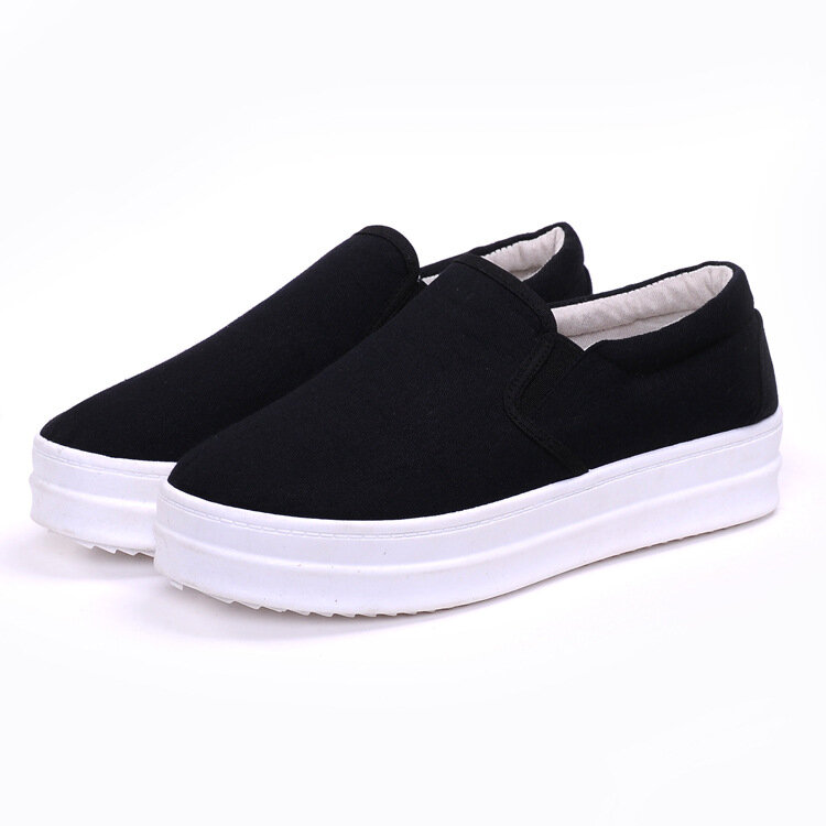 Black Canvas Platform Slip On Casual Loafers For Women
