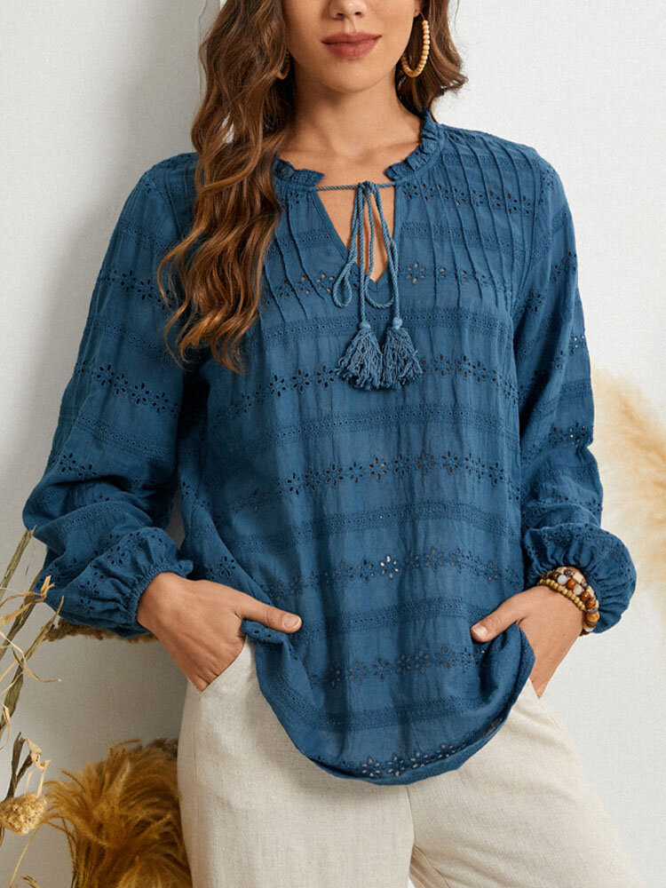 Floral Embroidery Knotted Long Sleeve Women Blouse