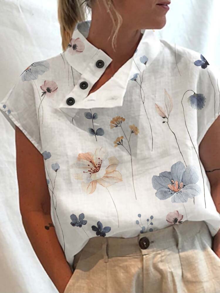 Женская пуговица с цветочным принтом Шея Дизайн Блуза с коротким рукавом