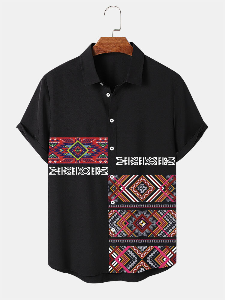 Camisas masculinas com estampa geométrica étnica patchwork lapela manga curta inverno