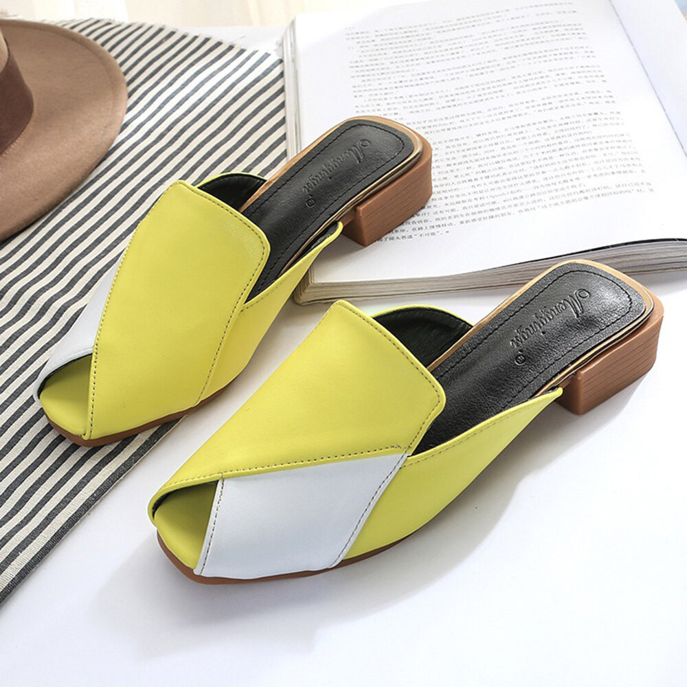 

Women Casual Mules Shoes Splicing Peep Toe Chunky Heel Baclkless Sandals, Black;beige;yellow
