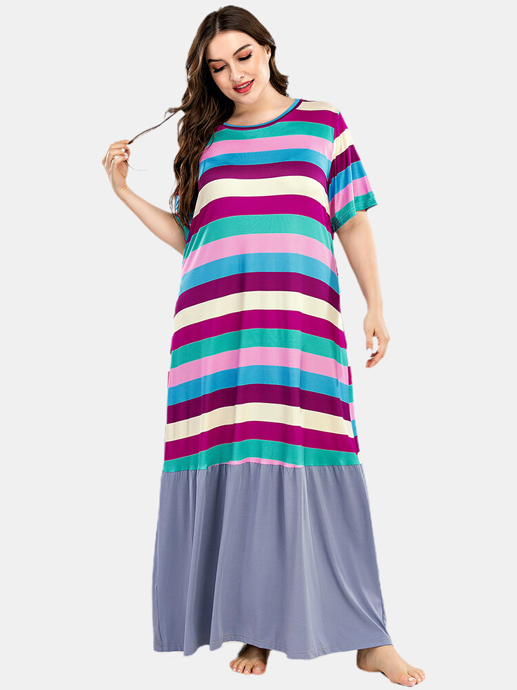 Plus Size Women Colorful Horizontal Stripes Patchwork Short Sleeve Nightdress Pajamas