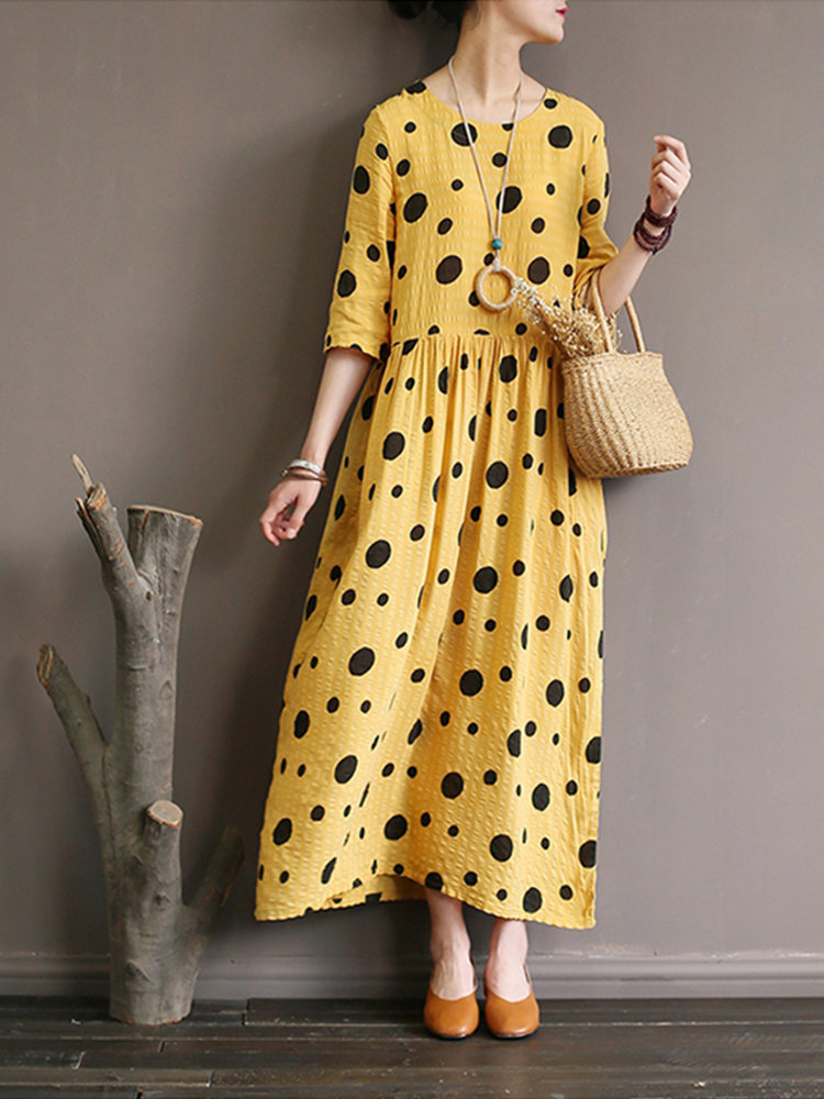 

Polka Dot Print Half Sleeve Casual Plus Size Maxi Dres, Yellow;red