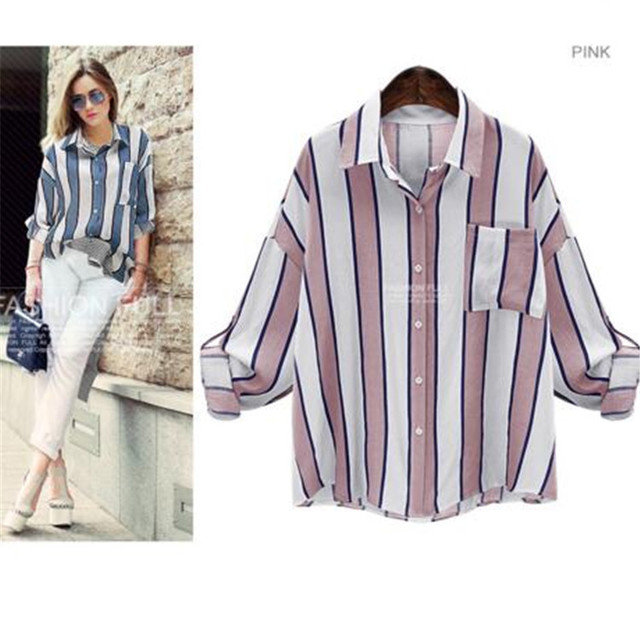 2017 Europe And The United States New Loose Large Size Lapel Striped Shirt Long-sleeved Shirt