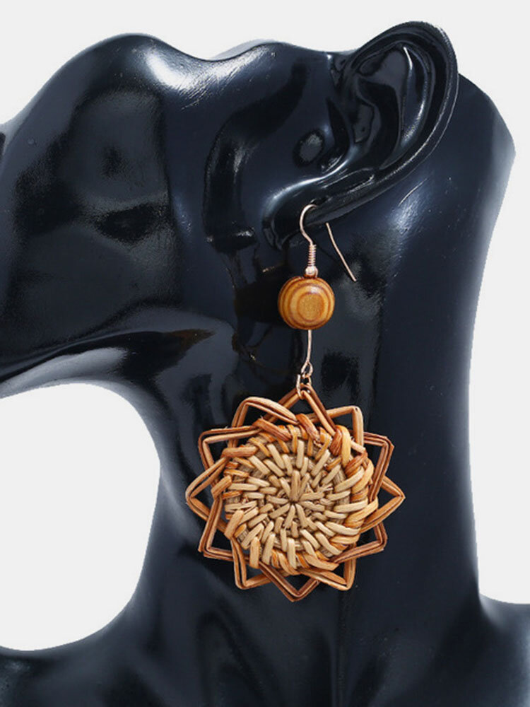 Bohemian Woven Grain Wooden Beads Rattan Handmade Bamboo Earrings Chic Jewelry