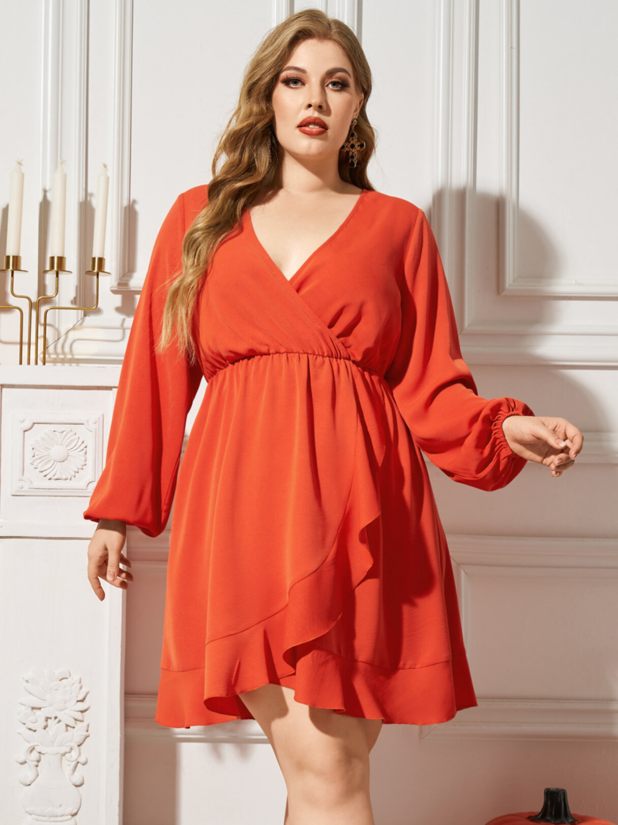 

Plus Size Halloween Wrap Design Ruffle Trim Solid Mini Dress, Orange