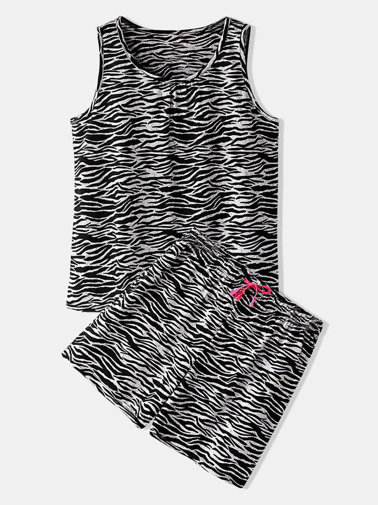 

Plus Size Pajamas Softies Loungewear Zebra Print Sleeveless Drawstring Waist Summer Sleepwear, Black