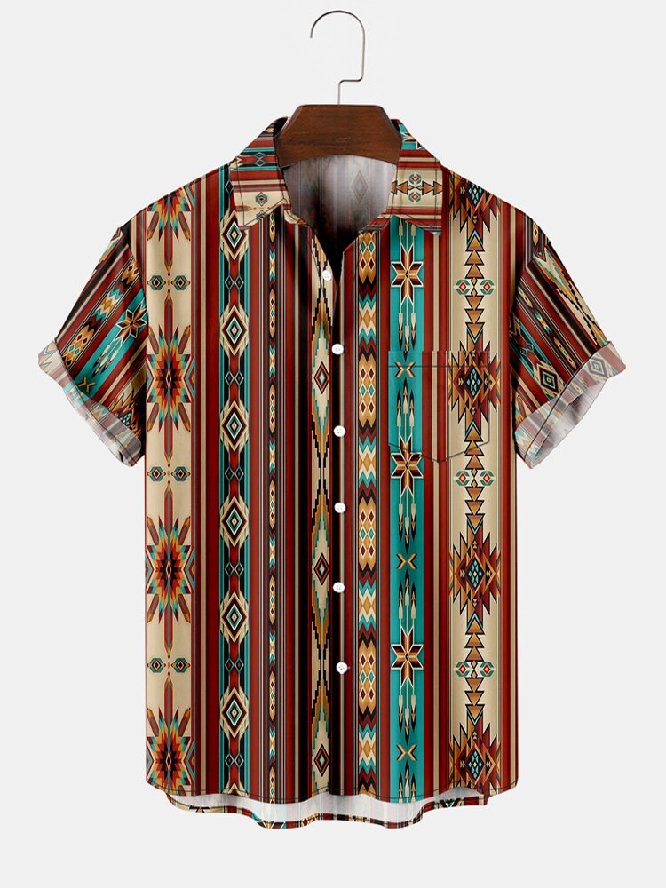 Mens Ethnic Geometric Print Button Up Short Sleeve Shirts