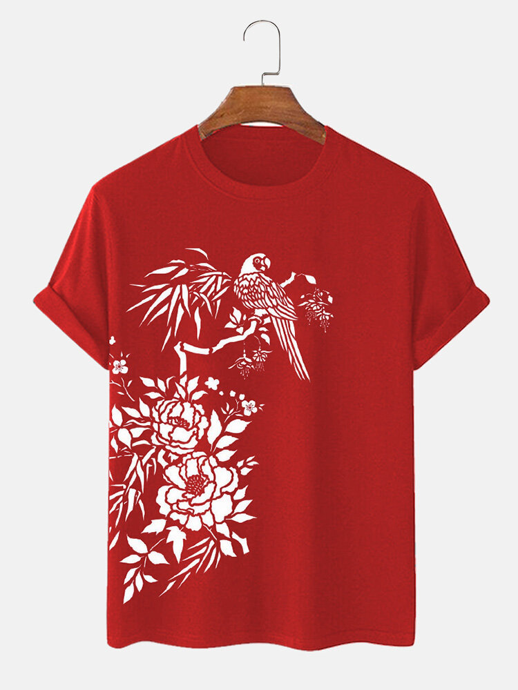 

Mens Floral & Bird Print Crew Neck Short Sleeve T-Shirts Winter, Red