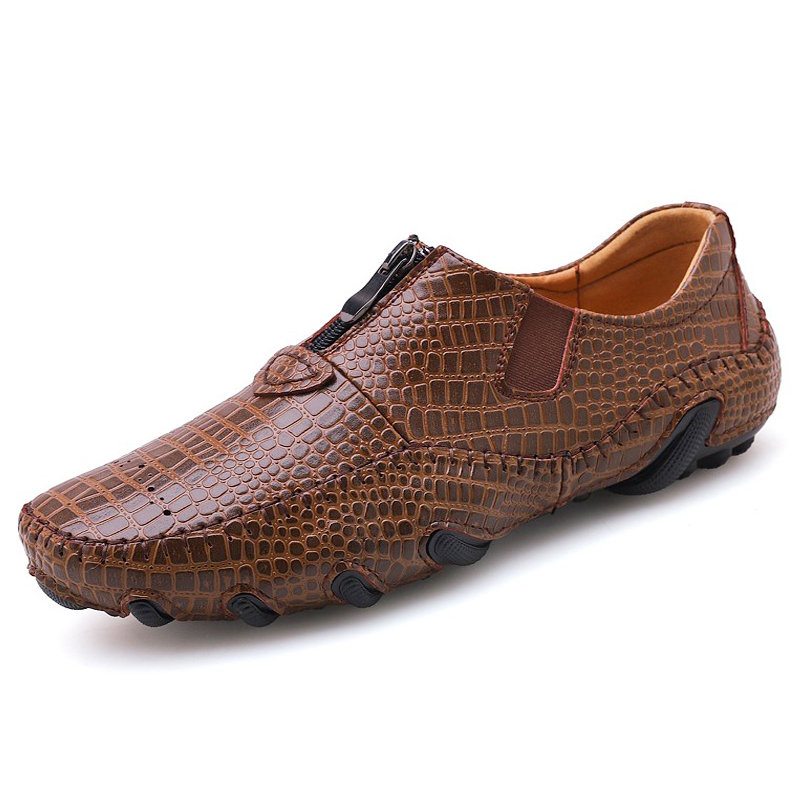 Large Size Men Crocodile Pattern Zipper Slip On Comfy Leather Shoes