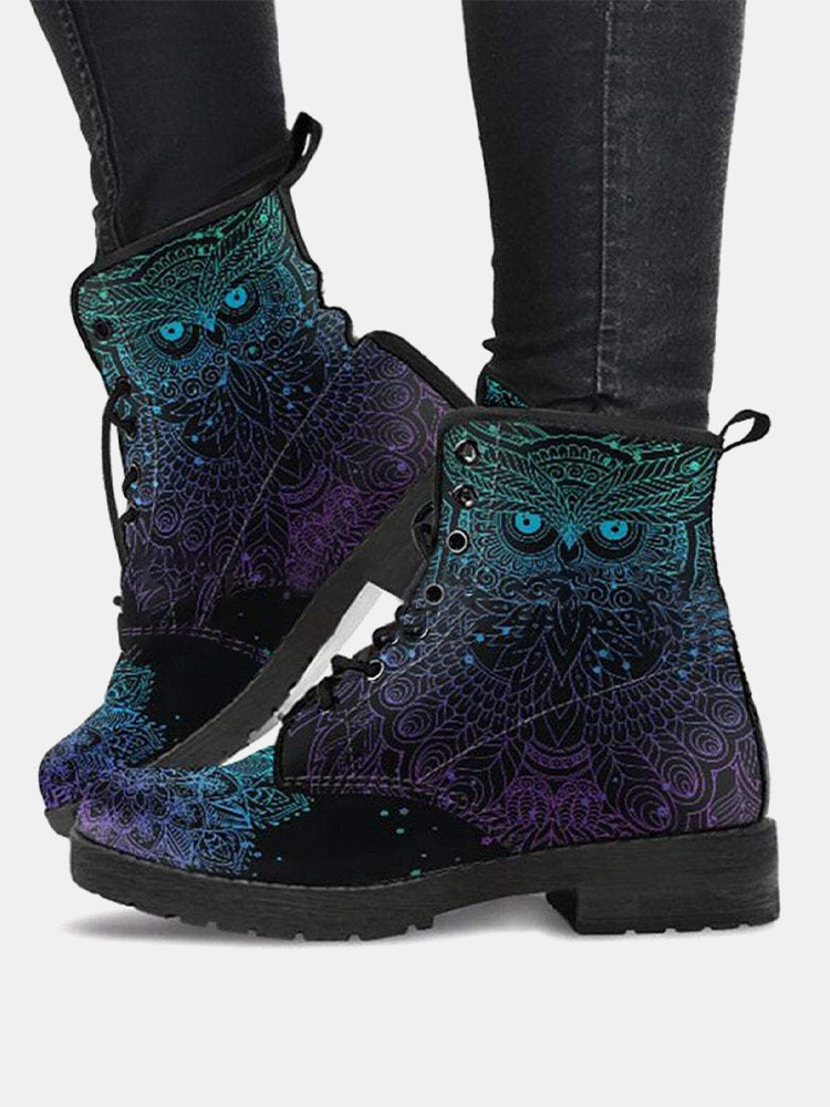 Large Size Women Ethnic Owl Pattern Lace-up Comfortable Casual Tooling Boots