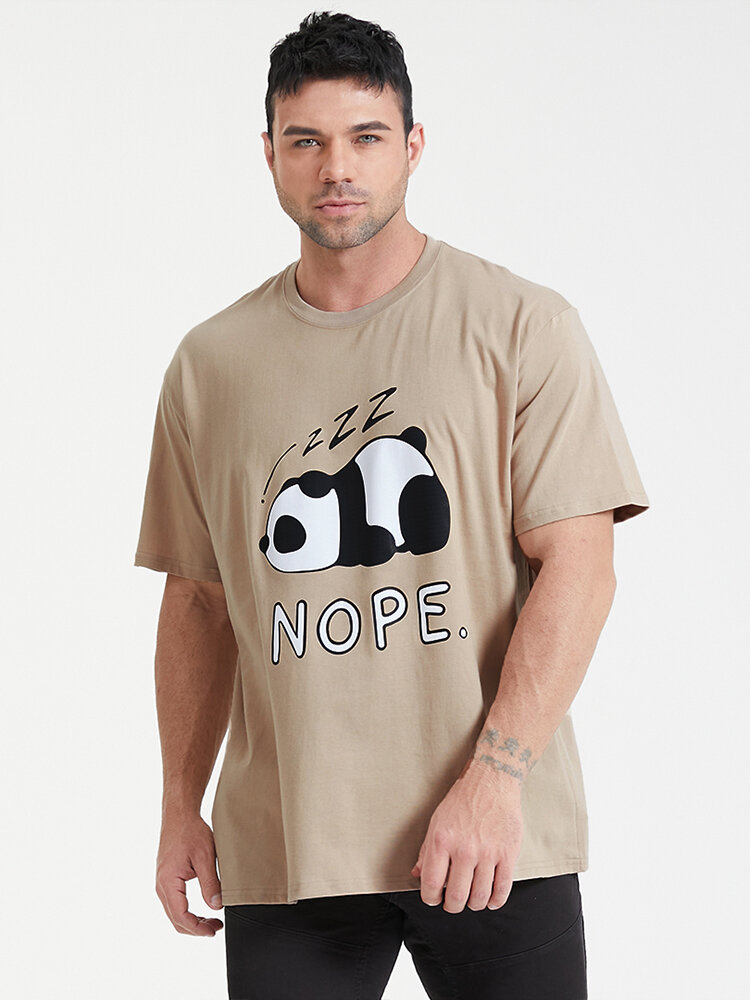 Plus Size Mens Cartoon Panda Print 100% Cotton Fashion Short Sleeve T-Shirts