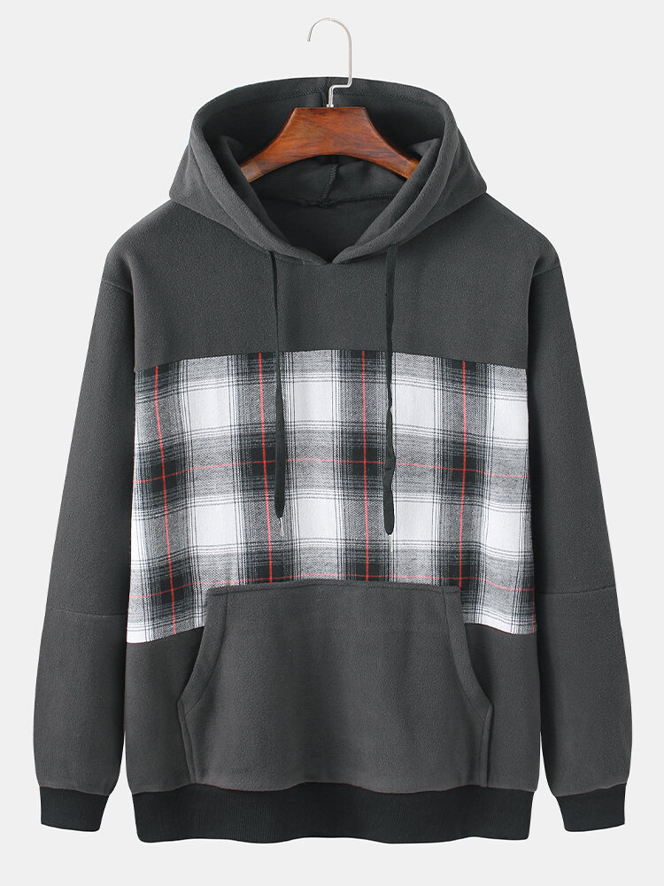 Mens Cotton Flocking Check Patchwork Casual Drawstring Hoodies With Pouch Pocket