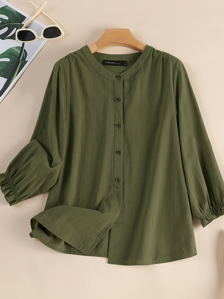 Women Solid Button Front Cotton Casual 3/4 Sleeve Shirt