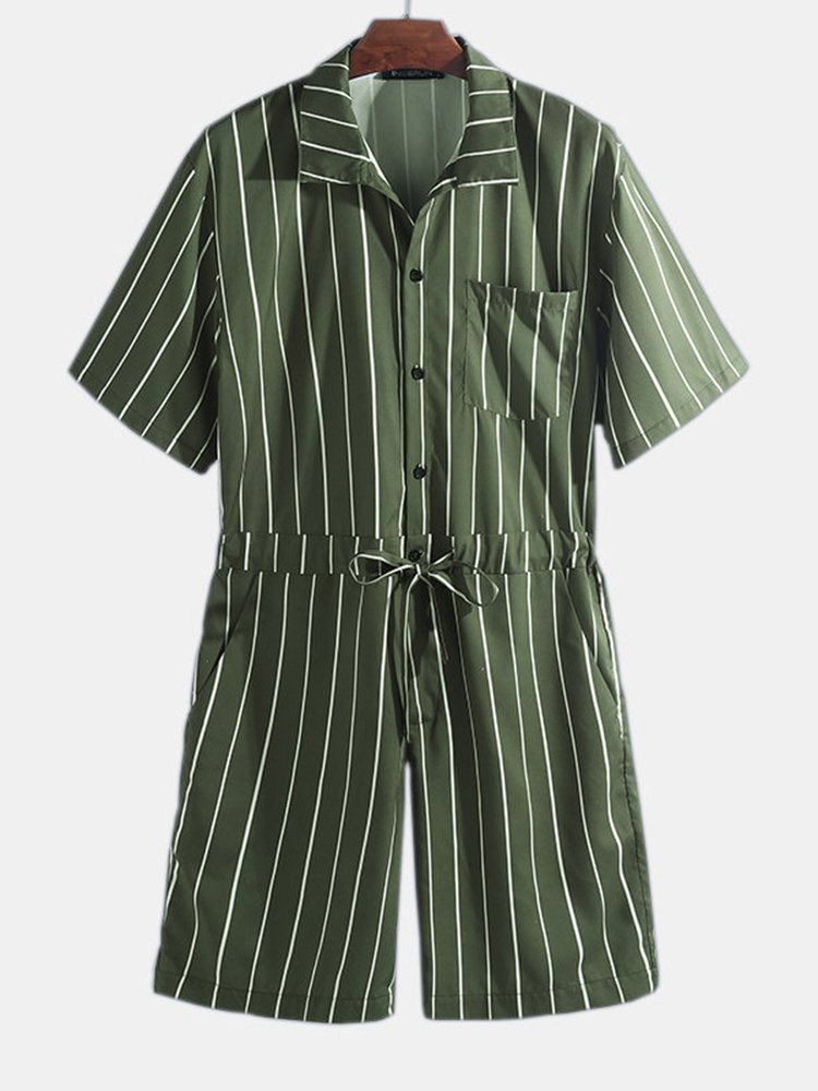 Men Striped Loungewear Jumpsuit Button Down Thin Cool Lapel Collar Short Sleeve Drawstring Pajamas