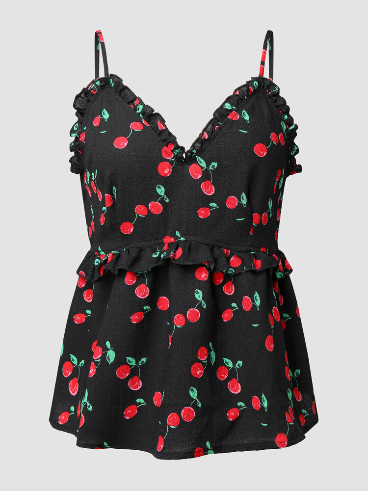 

Cherry Print Tiered Adjustable Strap Open Back Cami, Black
