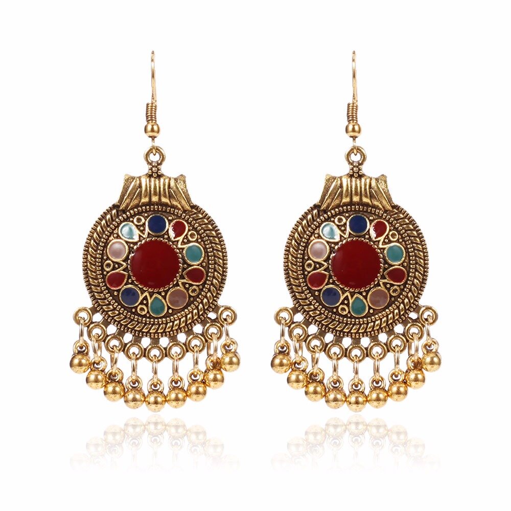 

Vintage Ear Drop Earrings Round Geometric Beads Tassels Dangle Earrings Ethnic Jewelry for Women, Red;blue;black;white