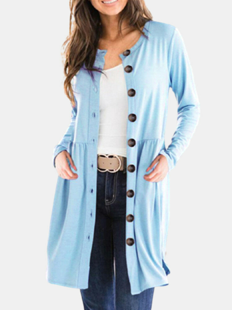 Causal Solid Color Long Sleeve O-neck Plus Size Button Cardigan for Women