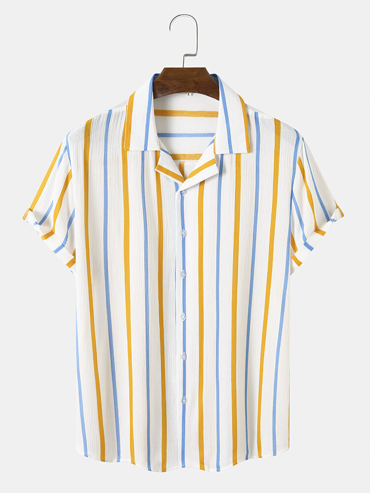 Mens Colorful Striped Revere Collar Casual Short Sleeve Shirts