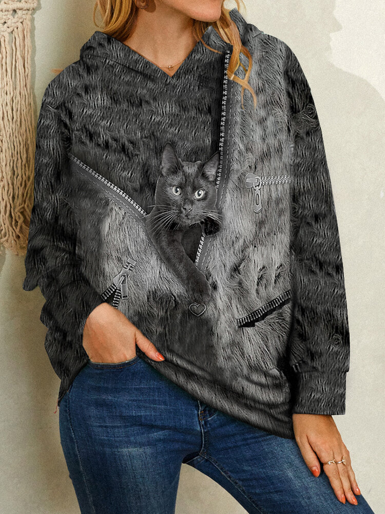 Black Cat Print Long Sleeve Casual Hoodie for Women