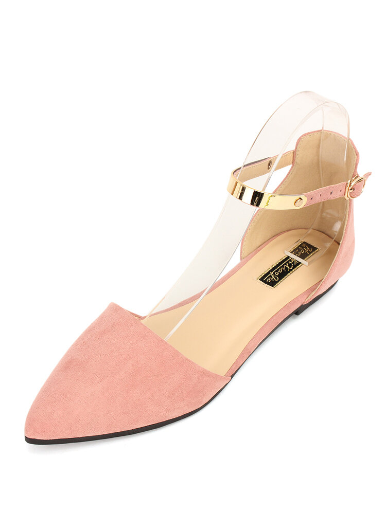 Women Pointed Toe Pure Color Metal Buckle Flats