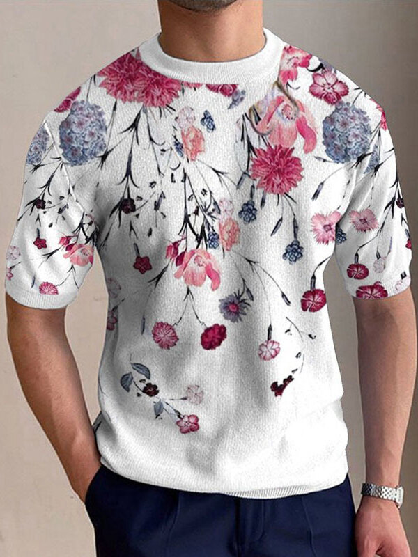 قميص رجالي بياقة دائرية وأكمام قصيرة مطبوع عليه أزهار