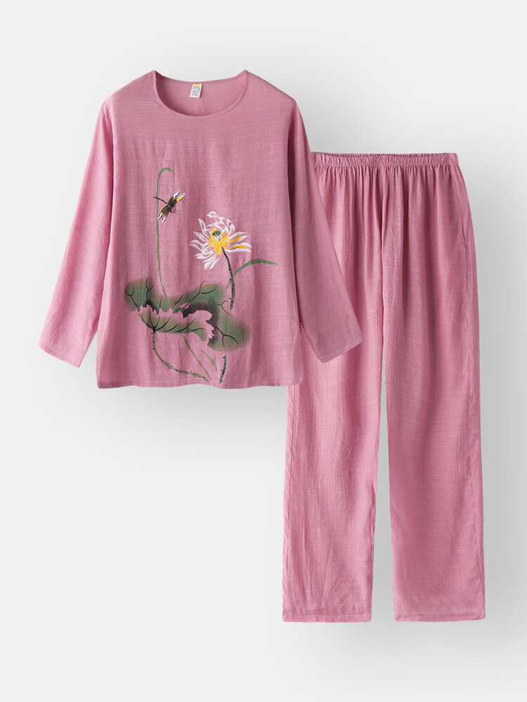 

Women Print Cotton Linen Softies Loungewear Long Set O-Neck Loose Breathable Pajamas Set, Pink;green;blue;khaki