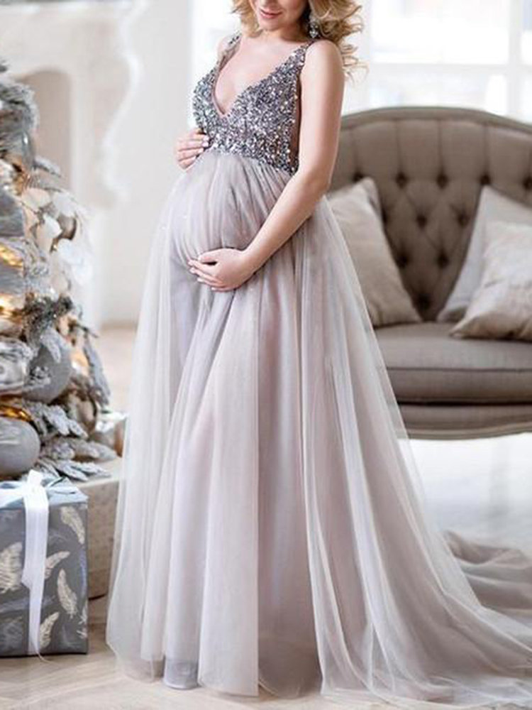 

Sexy V-neck Pregnant Women Photography Maxi Dress, As picture
