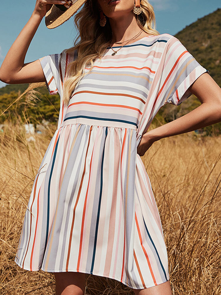 Women Multi-color Stripe Print O-neck Short Sleeve Dress