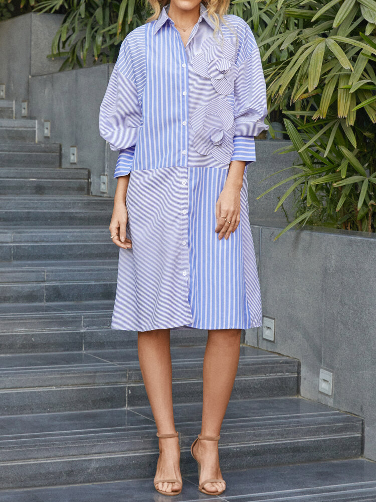 Stripe Button Lapel Long Sleeve Print Dress For Women