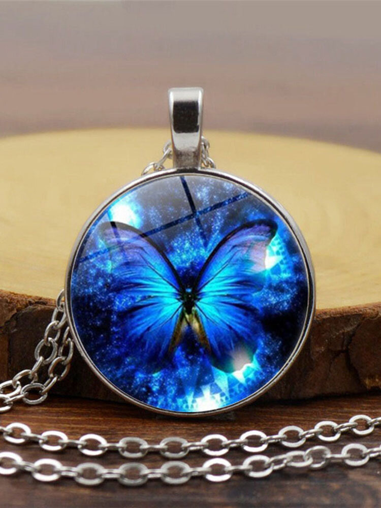 Vintage Blue Butterfly Women Necklace Alloy Glass Printing Pendant Sweater Chain