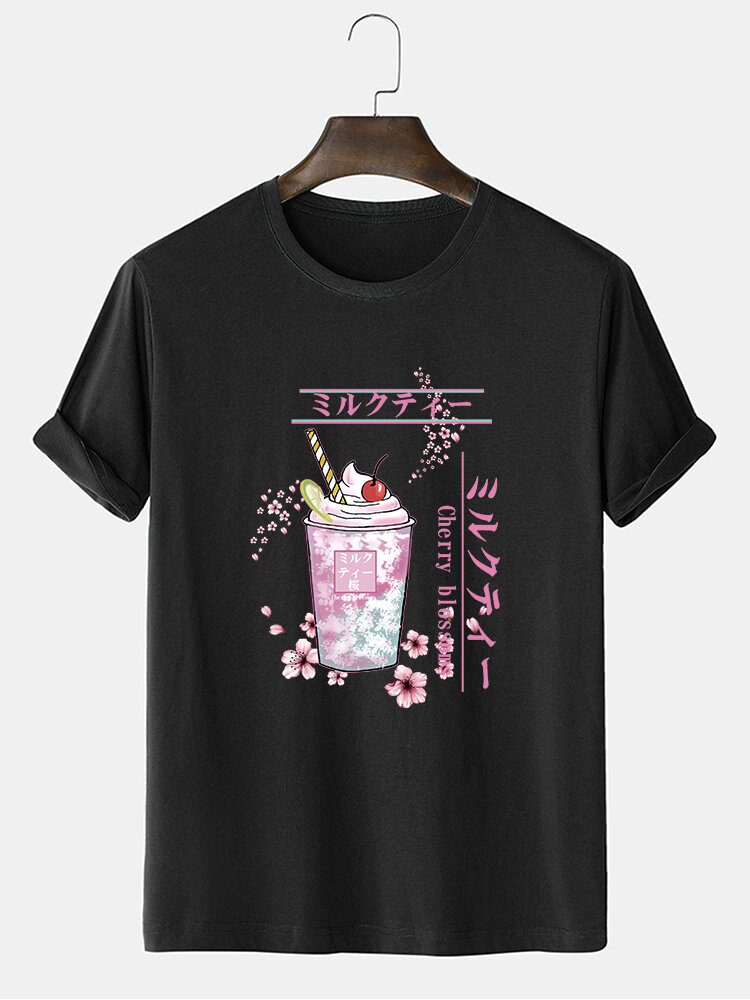 Mens Cherry Blossoms Drink Printed Cotton Short Sleeve T-Shirts