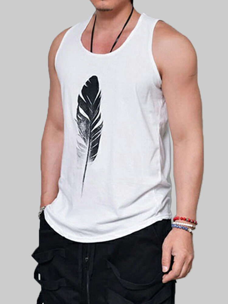

Mens Breathable Cotton Feather Printed Casual Muscle Fitness Tank Top, White;black
