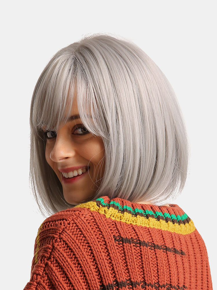 12 Inch Silver Grey Short Straight Synthetic Wig Fashion Girl Flat Bangs BOBO Heat Resistant Synthetic Wig