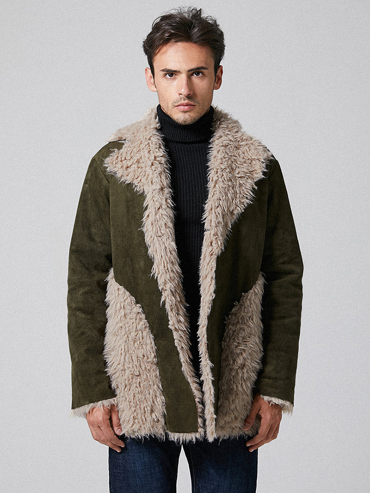Mens Wool Blends Thickened Fur Patchwork Fleece Lined Warm Coats Outerwears