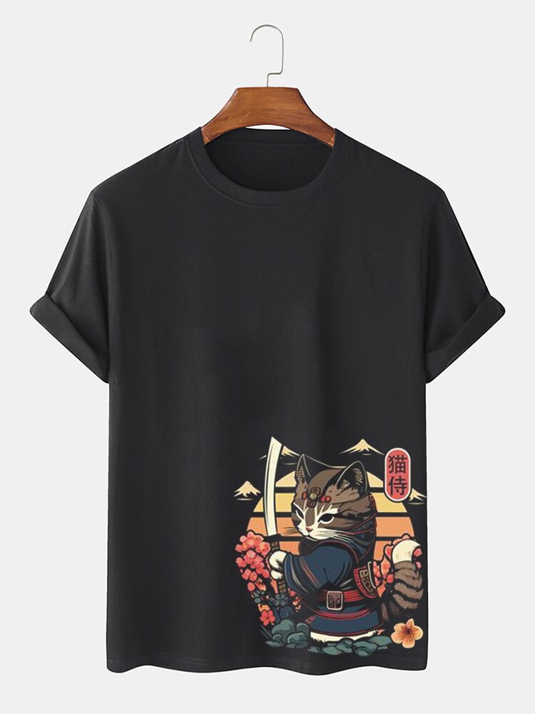 Mens Japanese Warrior Cat Graphic Crew Neck Short Sleeve T-Shirts Winter
