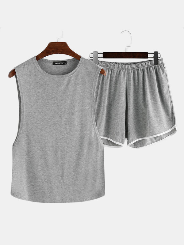 Men Plus Size Loose Pajamas Set Side Open Tank Tops Thin Breathable Boxer Shorts Plain Loungewear