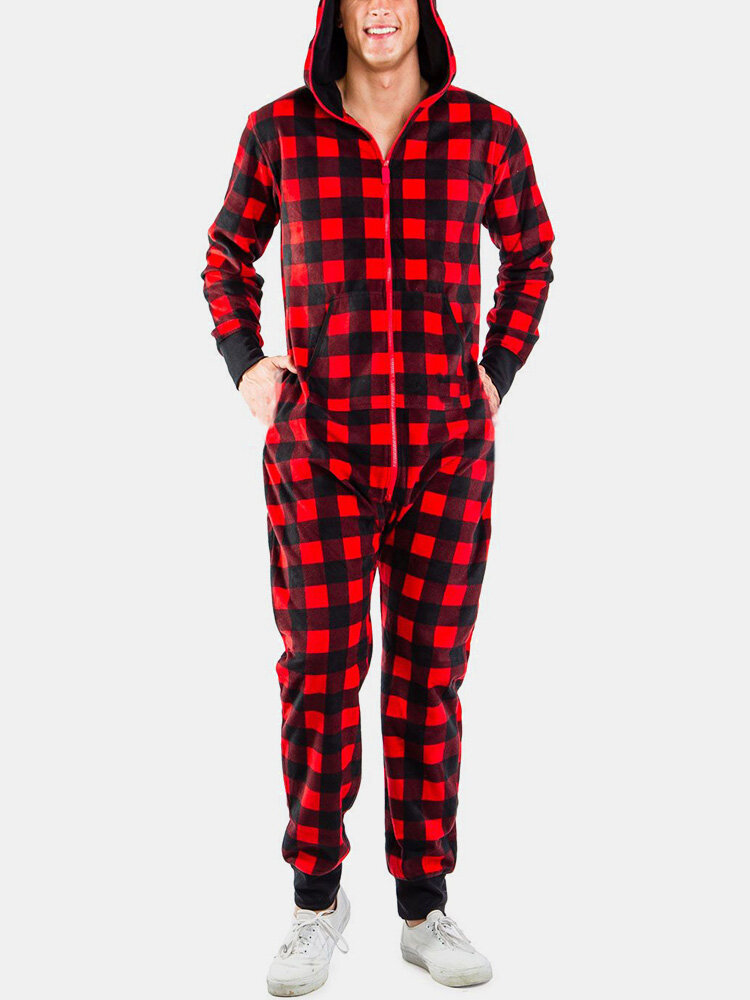 Mens Cozy Cotton Plaid Beam Footed Jumpsuits Zipper Onesies With Waist Pockets