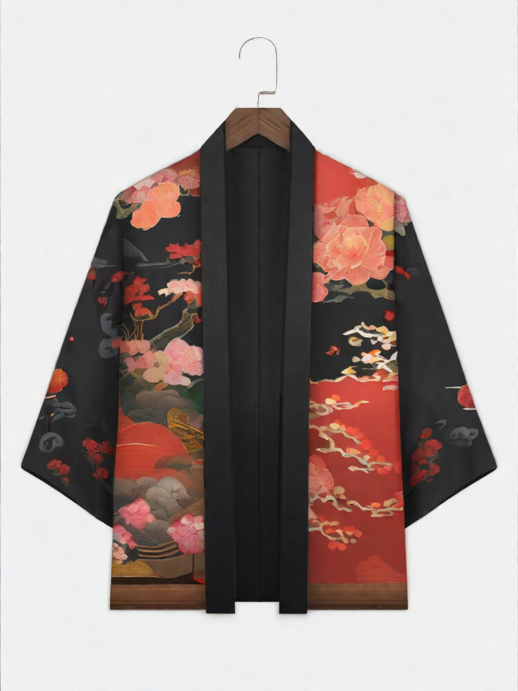 

Mens Japanese Floral Print Open Front Loose 3/4 Sleeve Kimono, Black