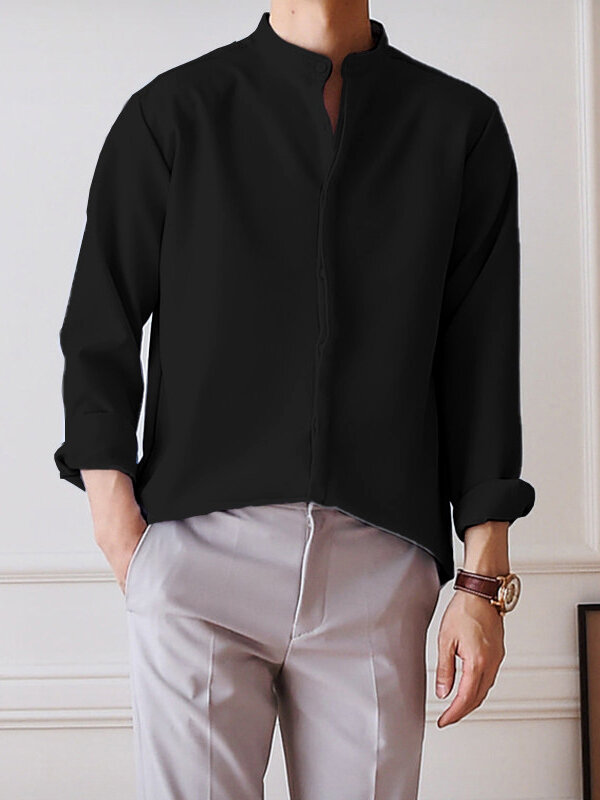 Men Stand-up Collar Silky Solid Color Shirt