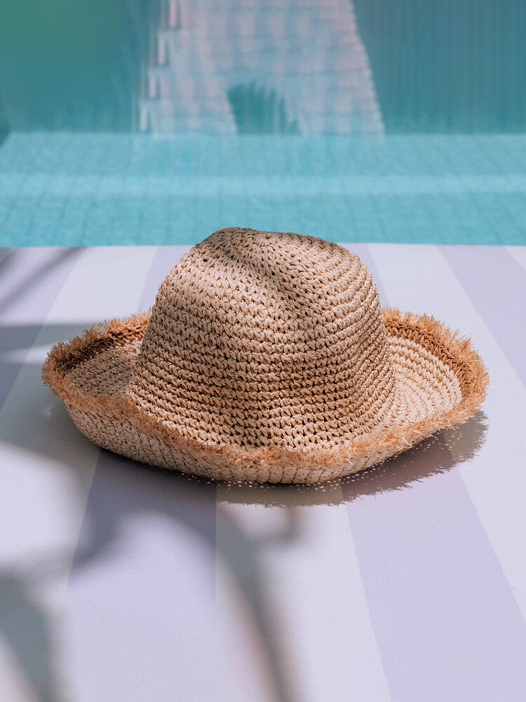 Women Woven Lafite Summer Holiday Beach Travel Sunshade Bucket Hat Straw Hat