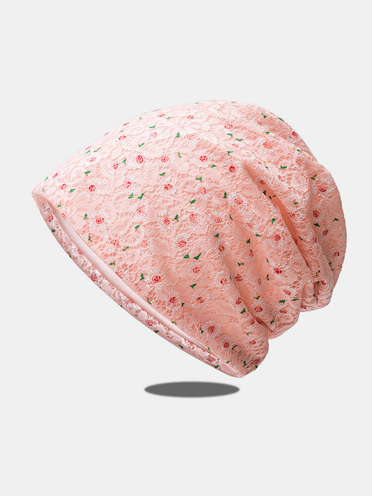 Women Lace Floral Pattern Printed Sun Protection Breathable Beanie Hat