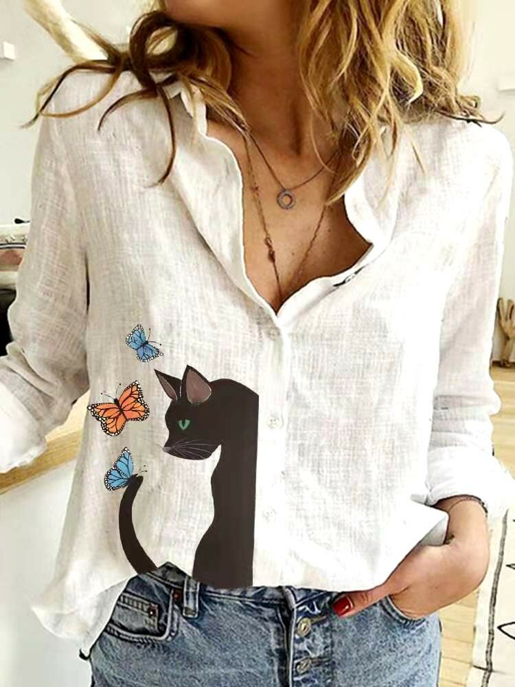 Cat Printed Long Sleeve Lapel Collar Blouse For Women