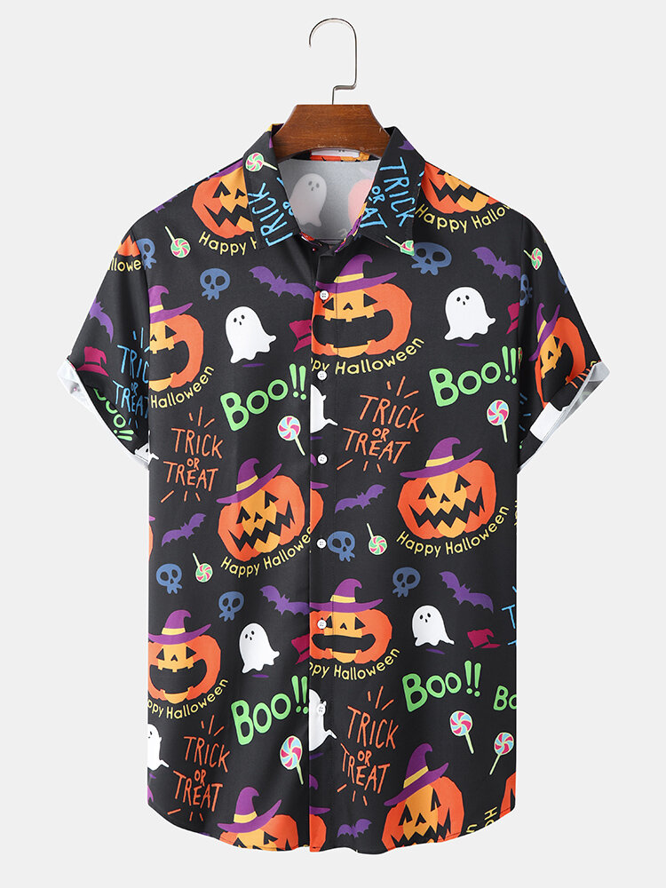 Mens Allover Funny Pumpkin Letter Print Short Sleeve Halloween Shirts
