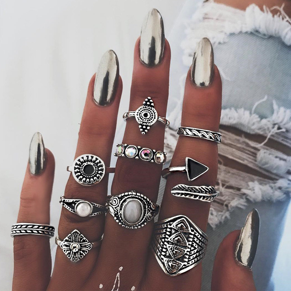 10 Pcs Bohemian Statement Ring Set Vintage Rhinestones Gem Casual Knuckle Rings Gift For Women