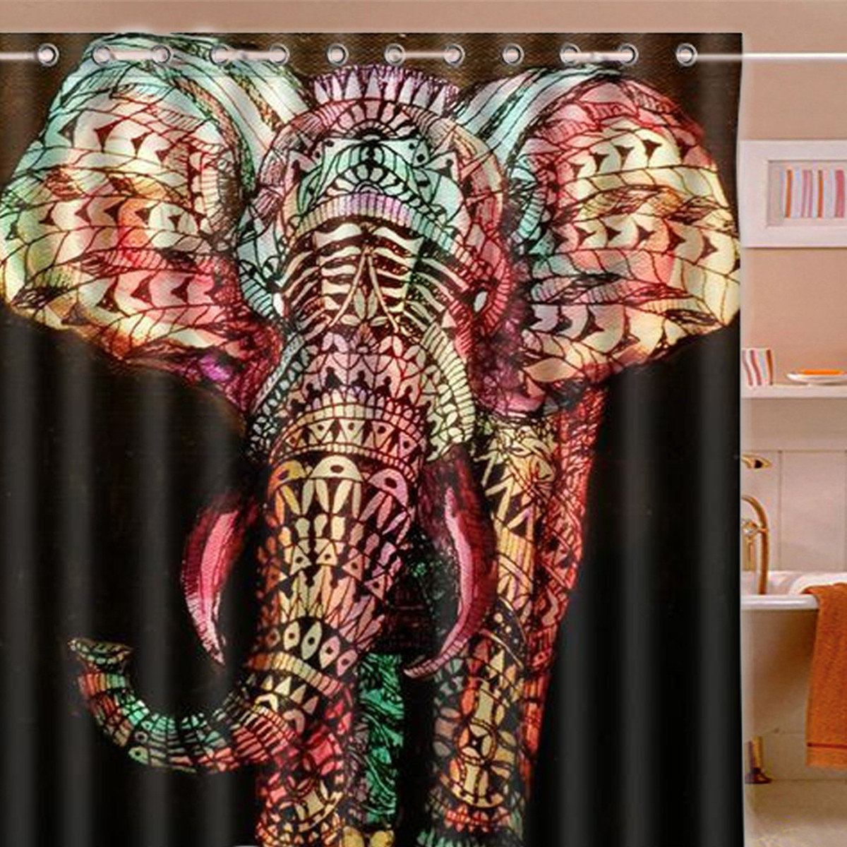 180*180cm Colorful Elephant Pattern Fabric Waterproof Bathroom Shower Curtain With Hooks